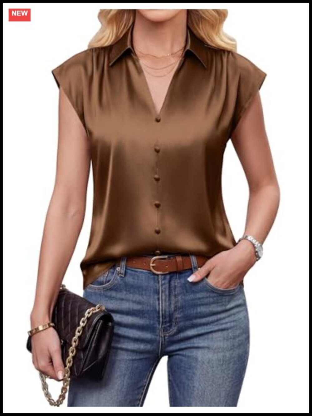 Silk Satin V-Neck Sleeveless Blouse Pleated Button Down Dressy Casual